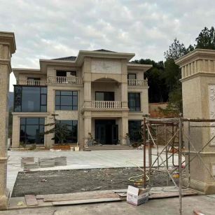 海口 黄金麻花岗岩别墅雕花外墙干挂配上门口雕花罗马柱