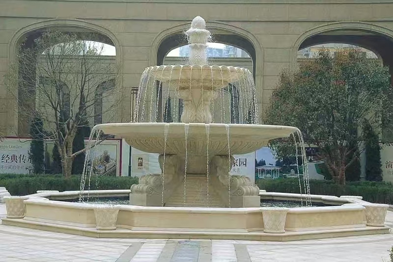 海口 黄金麻花岗岩异型加工——户外庭院石雕流水喷泉